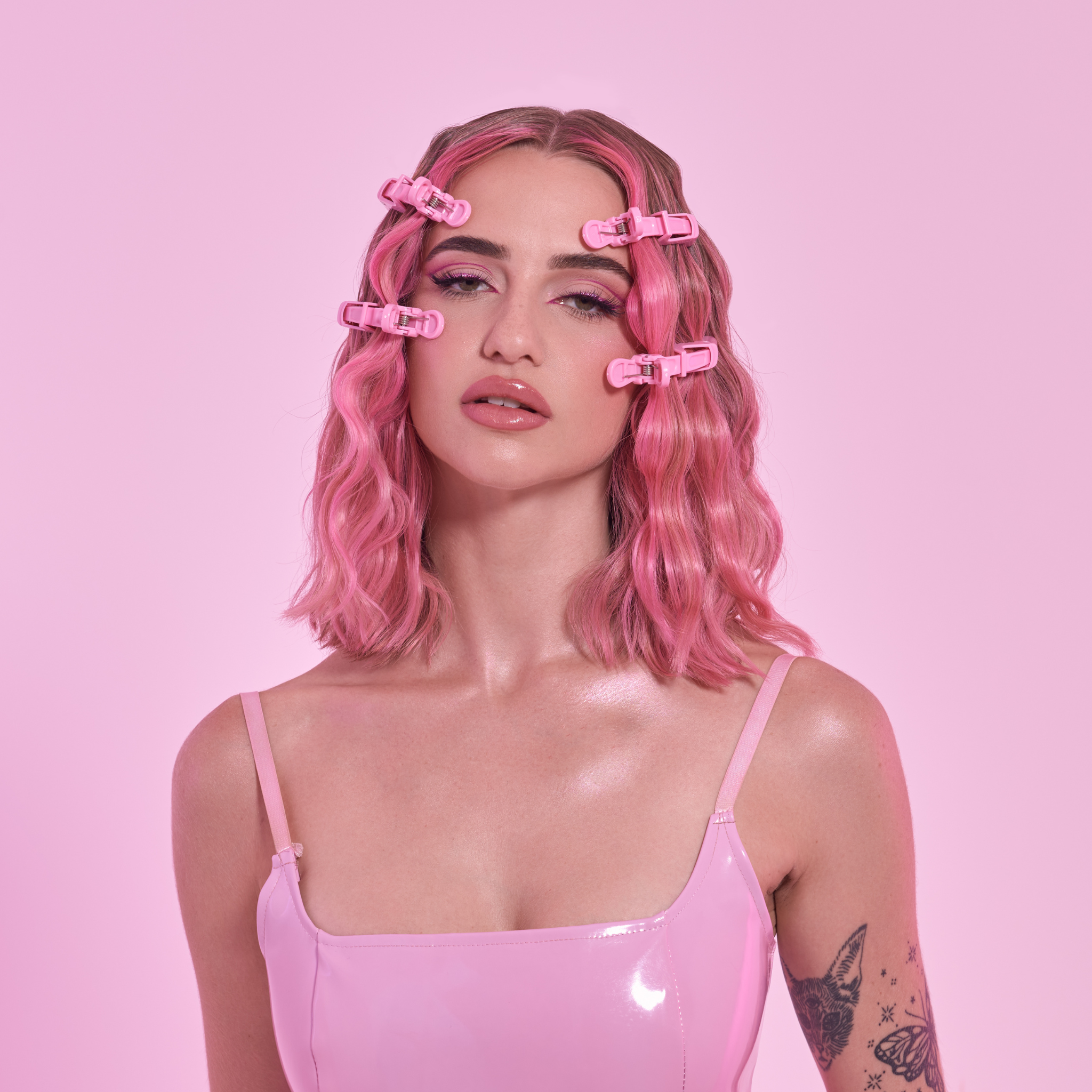 Model using the Mermade Hair Grip Clips in Signature Pink