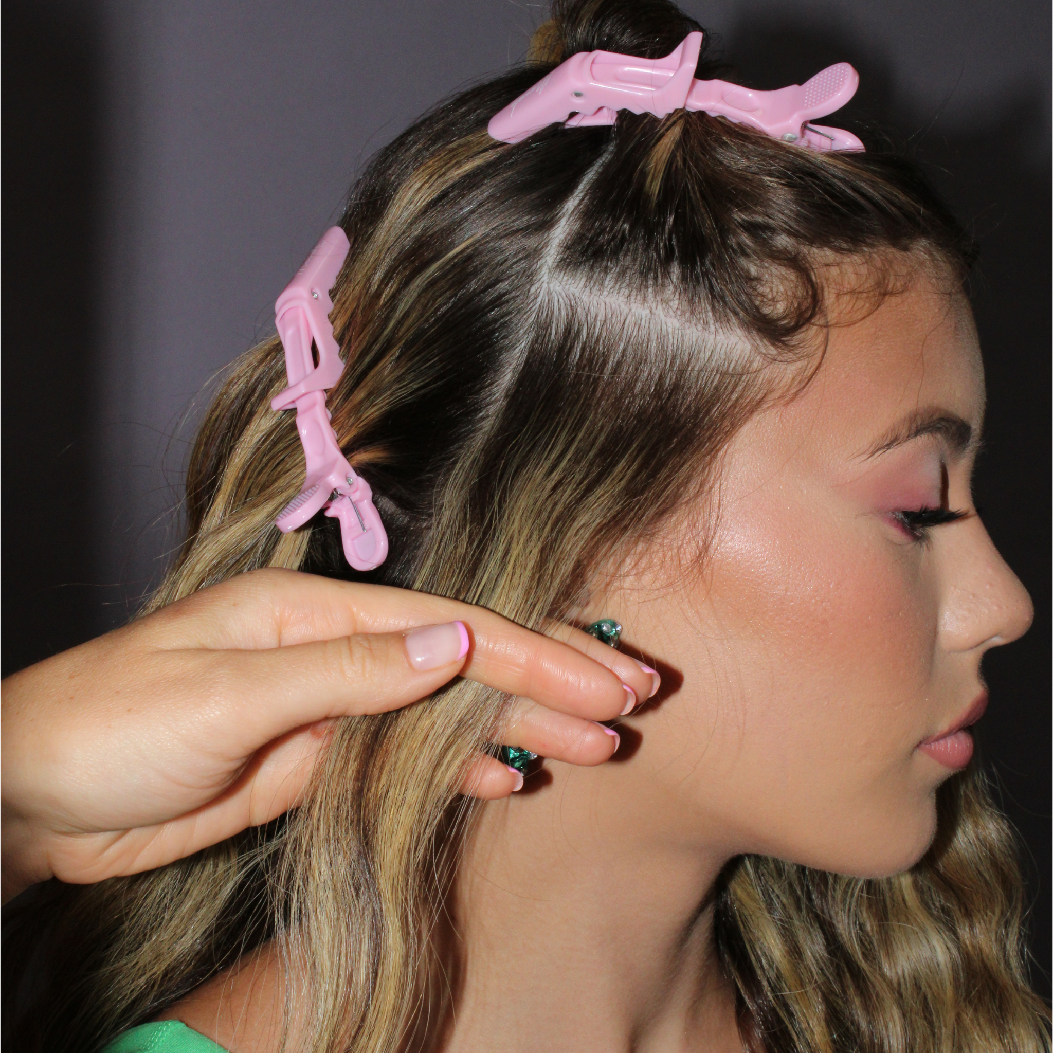 Model using the Mermade Hair Grip Clips in Signature Pink
