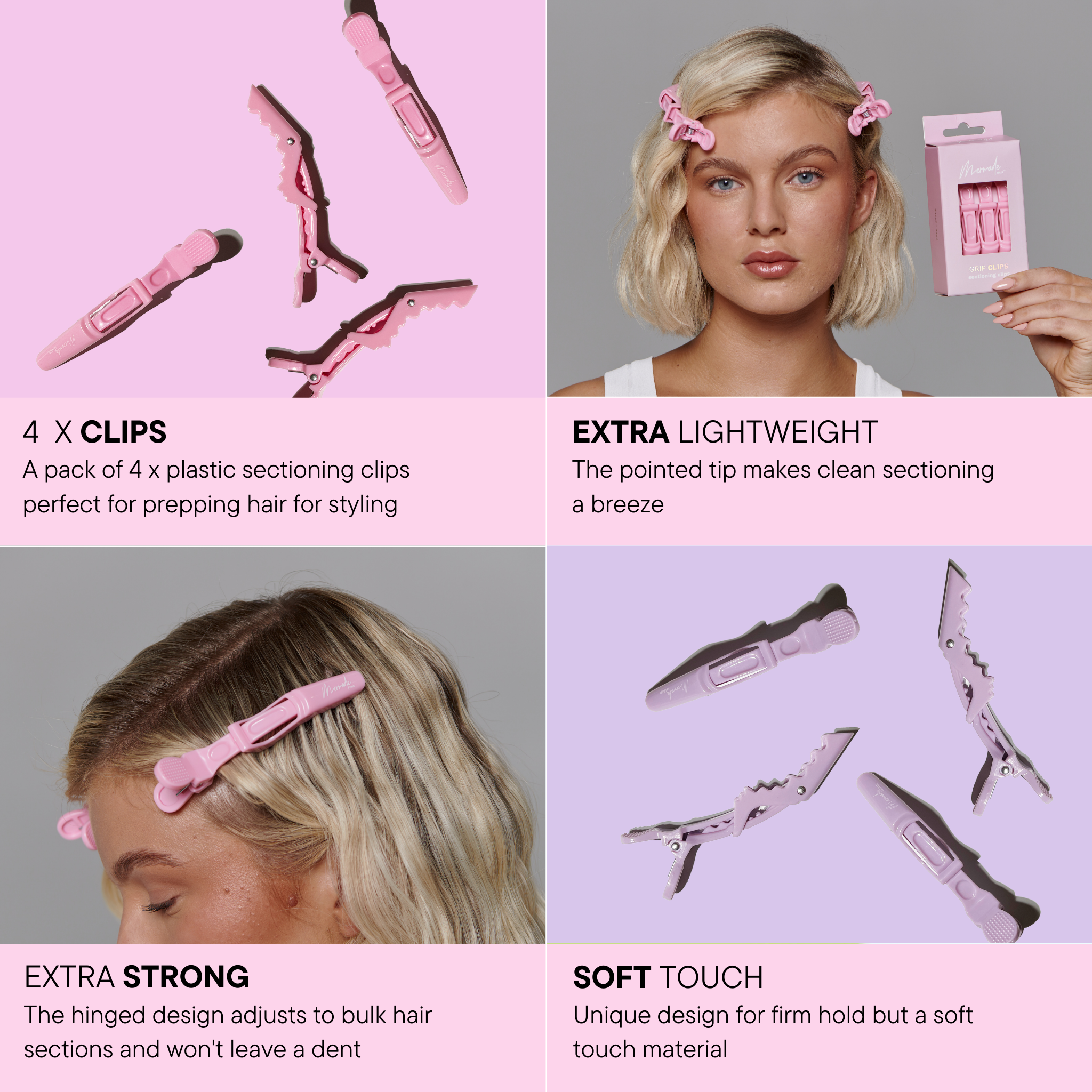 Features and benefits of the Mermade Hair Grip Clips in Signature Pink