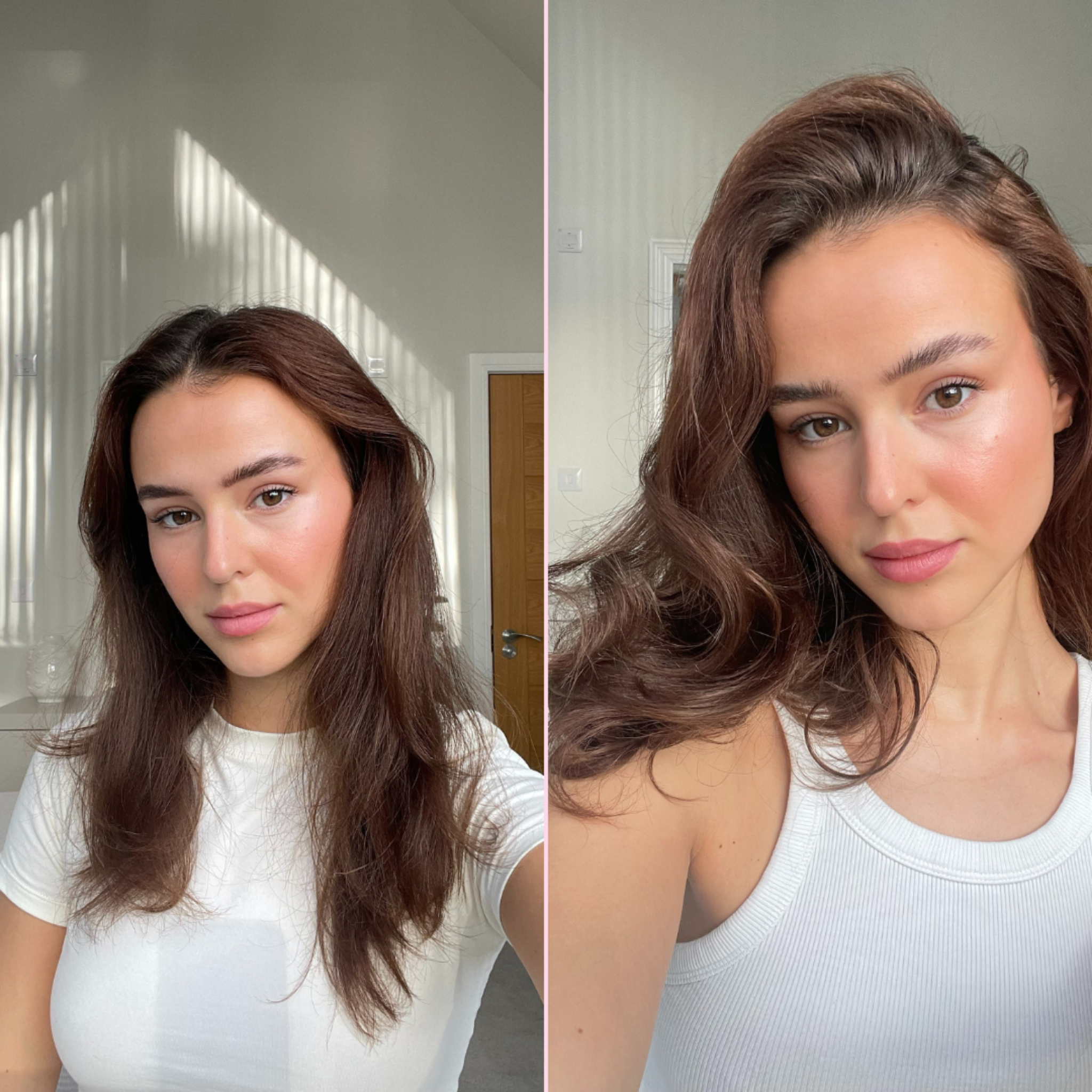 Before and after of the Heatless Curls Kit