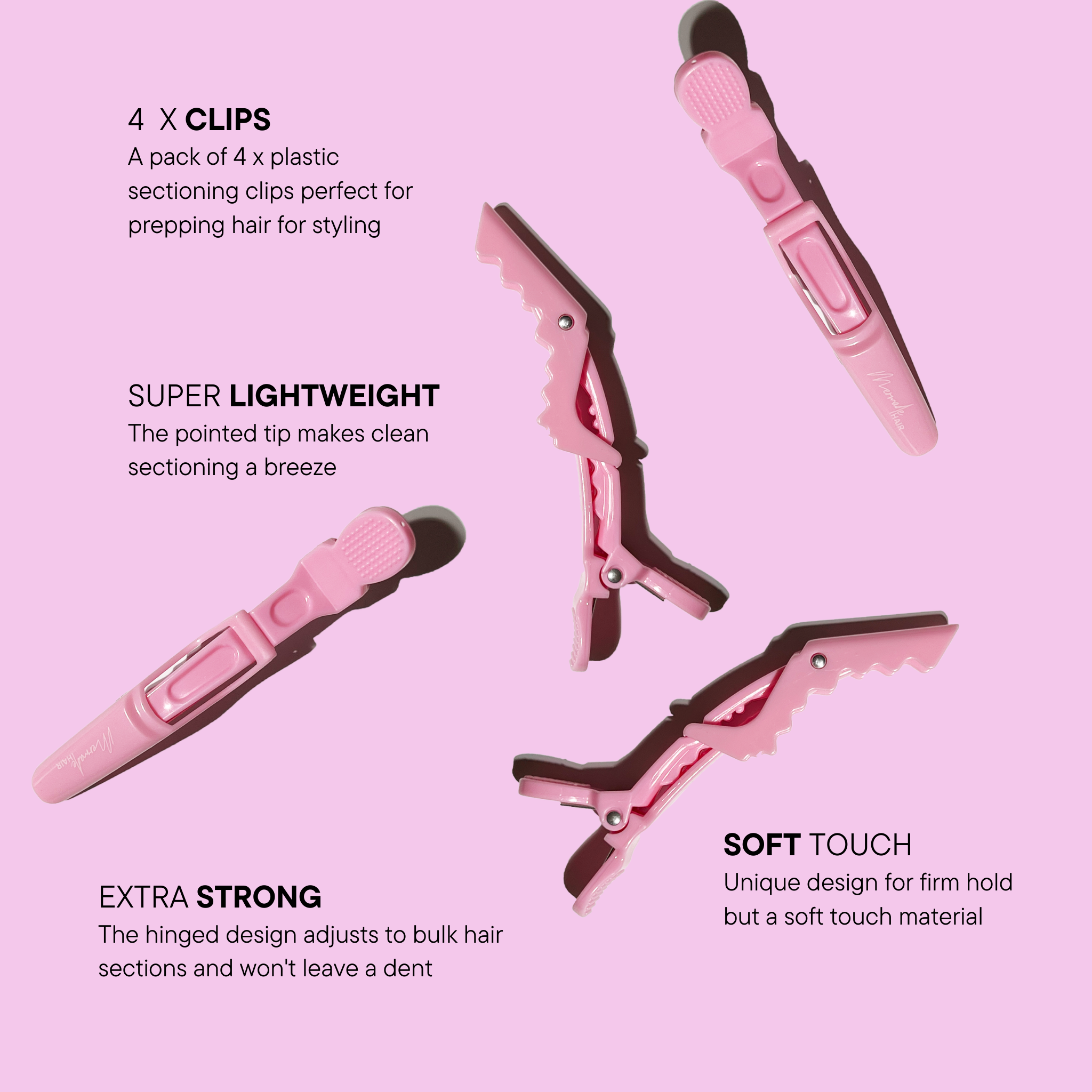 Features and benefits of the Mermade Hair Grip Clips in Signature Pink