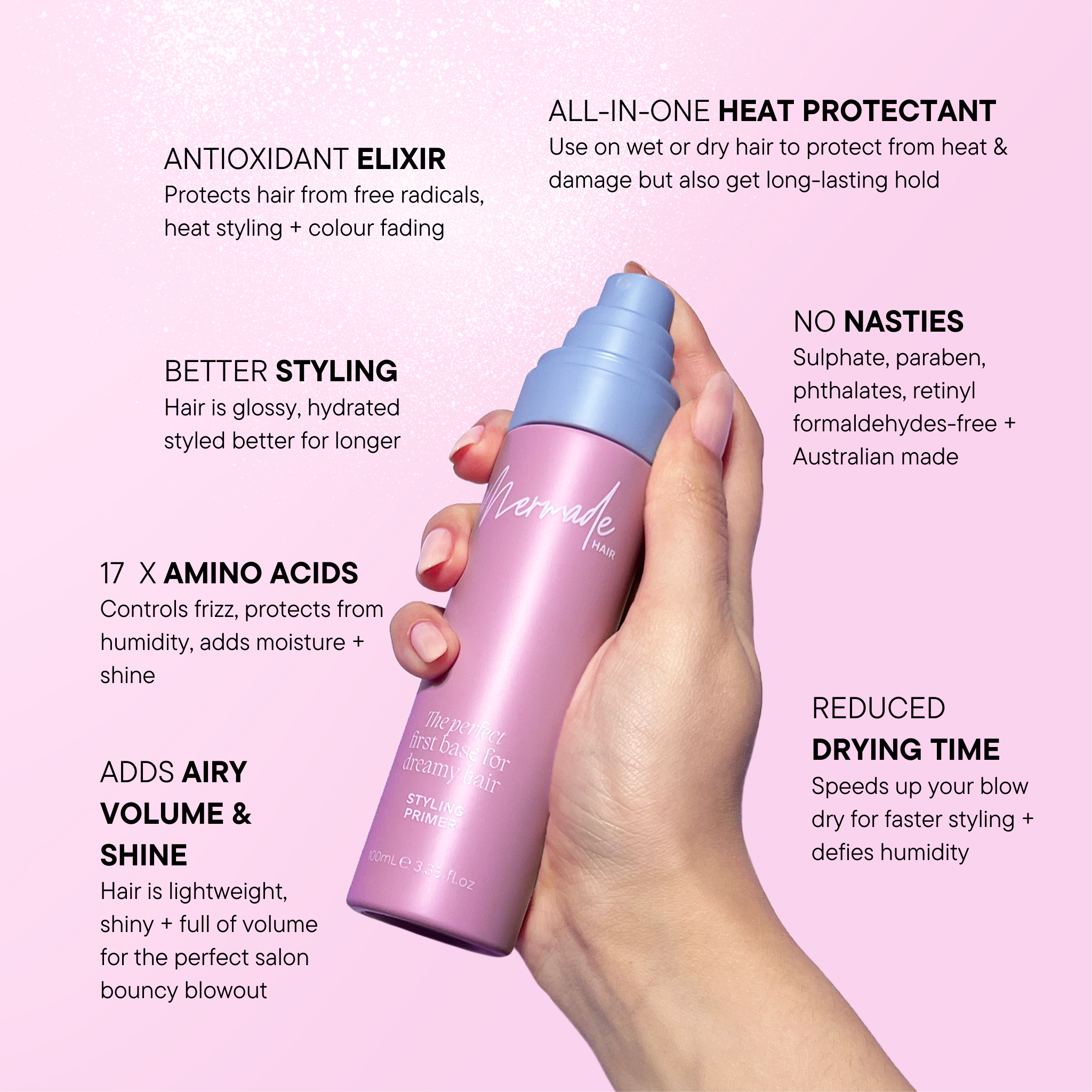 Features and benefits of the Mermade Hair Primer