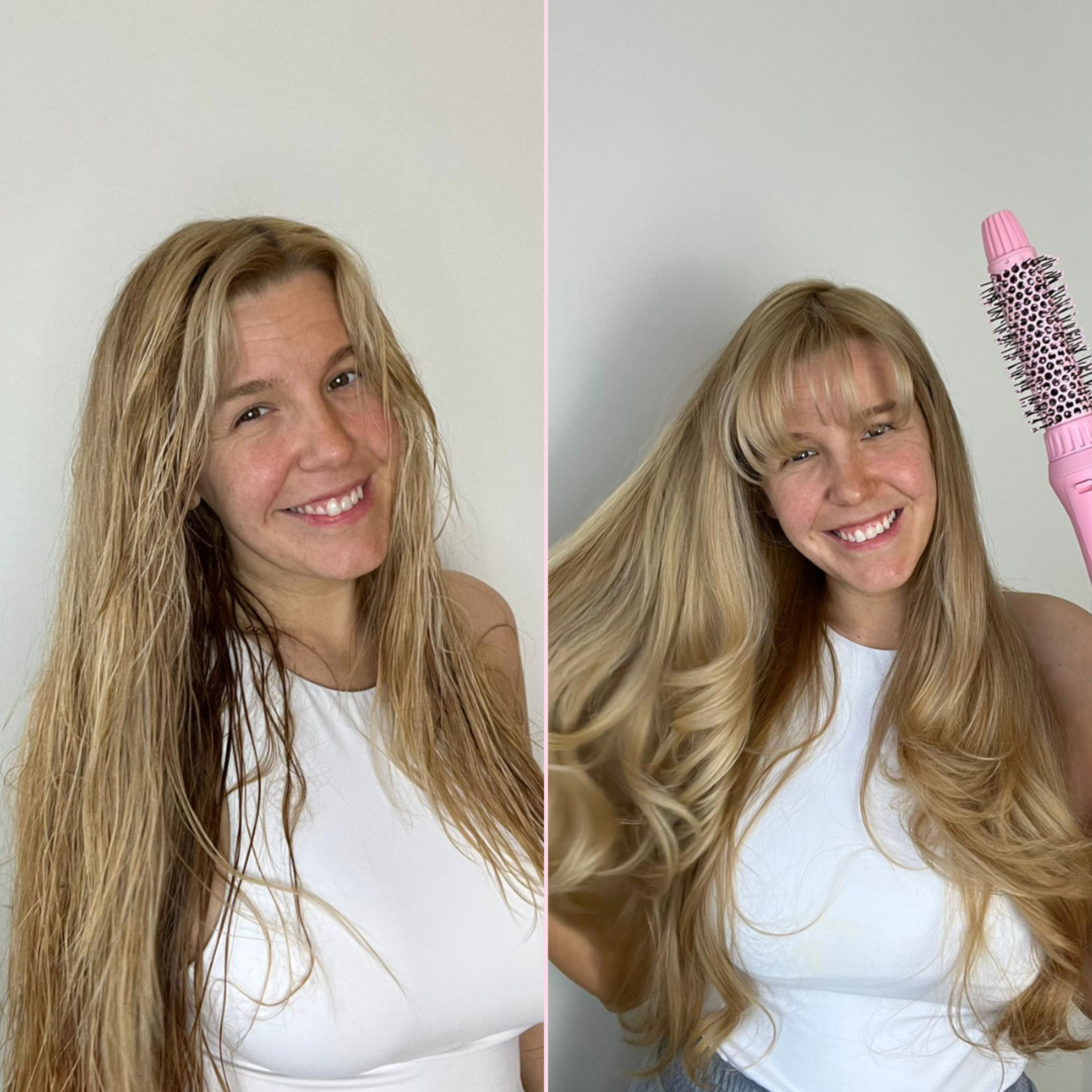 Model before and after the Mermade Hair Pink Interchangeable Blow Dry Brush