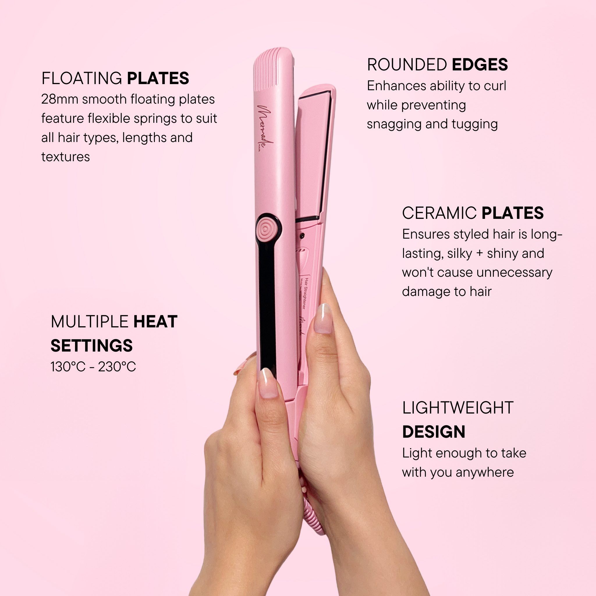 Features and benefits of the Mermade Hair Pink Straightener