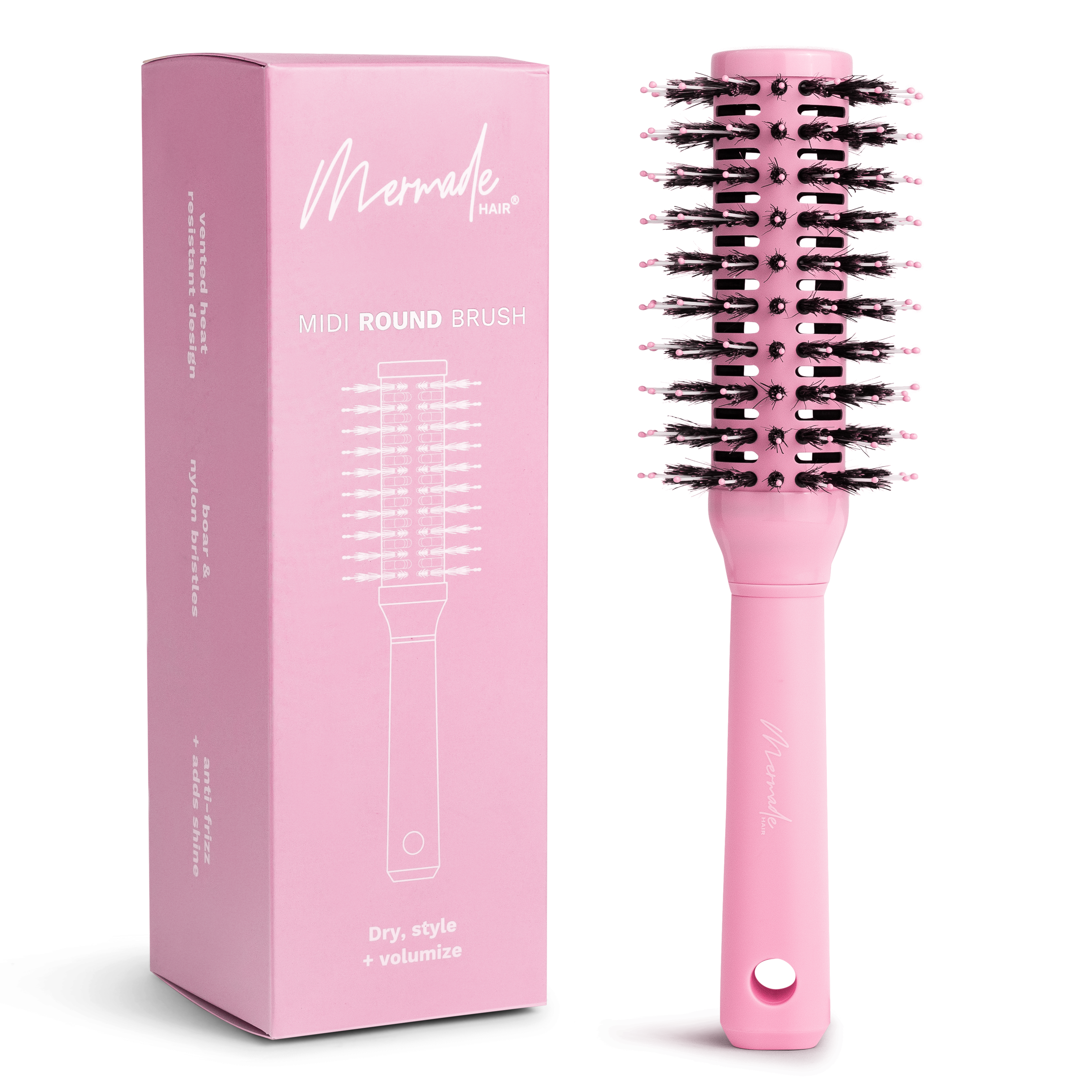 Mermade Hair Round Midi Brush in Pink - Flatlay with Box