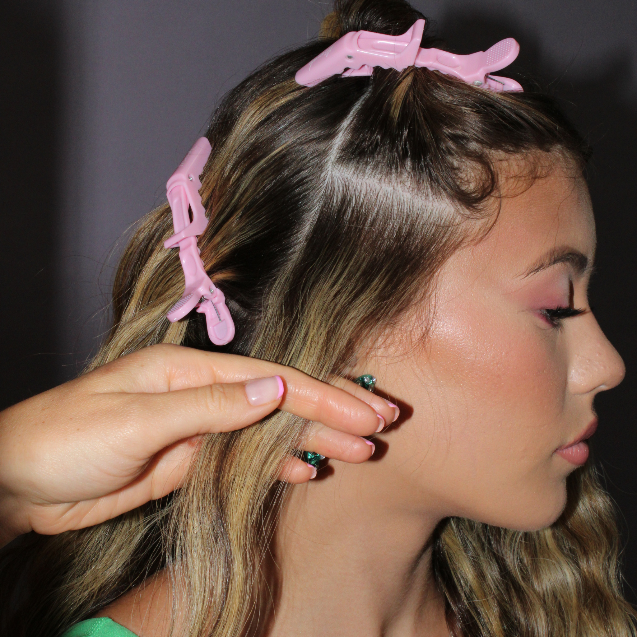 Model using the Mermade Hair Grip Clips in Signature Pink 