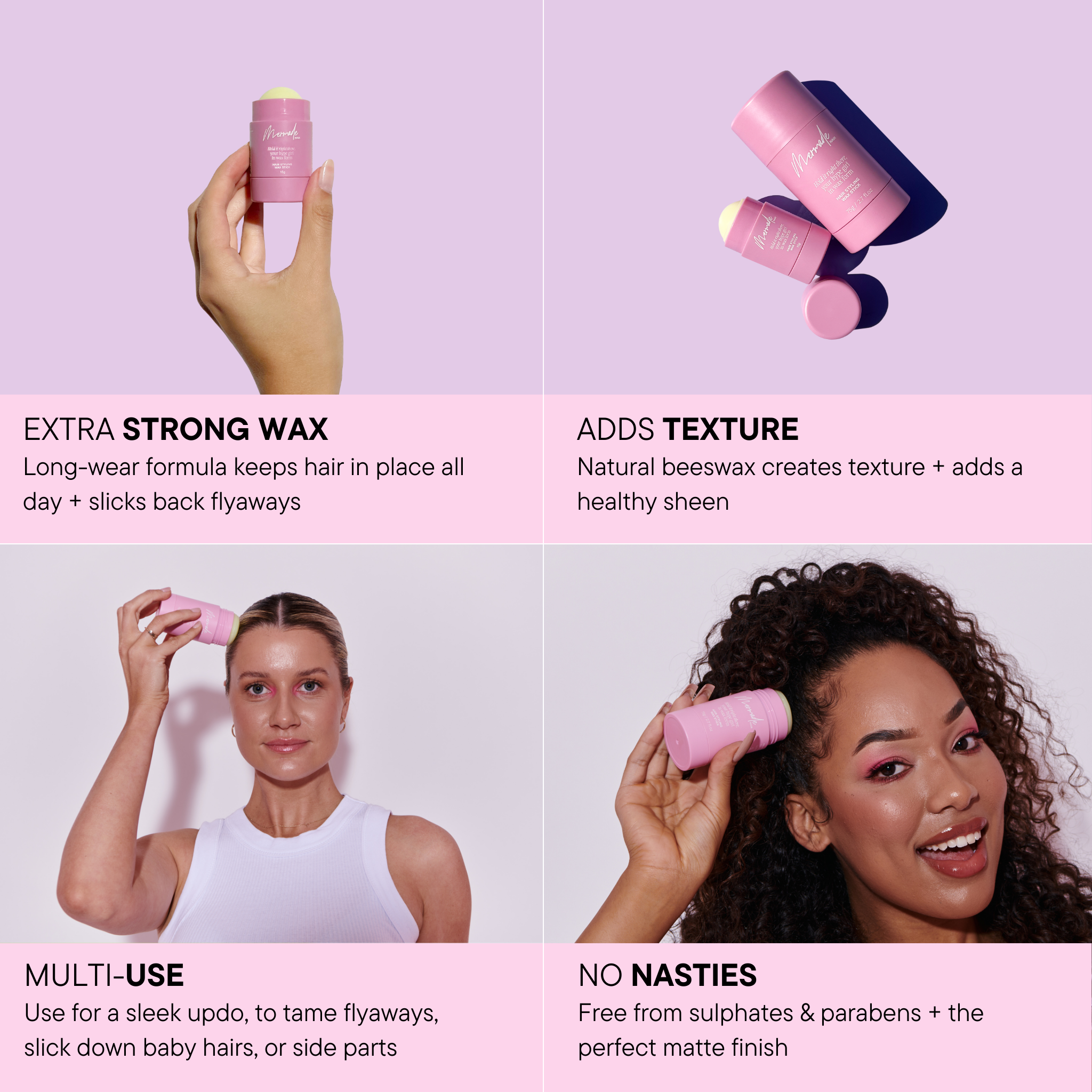 Features and benefits of the Mermade Hair Mini Hair Styling Wax Stick