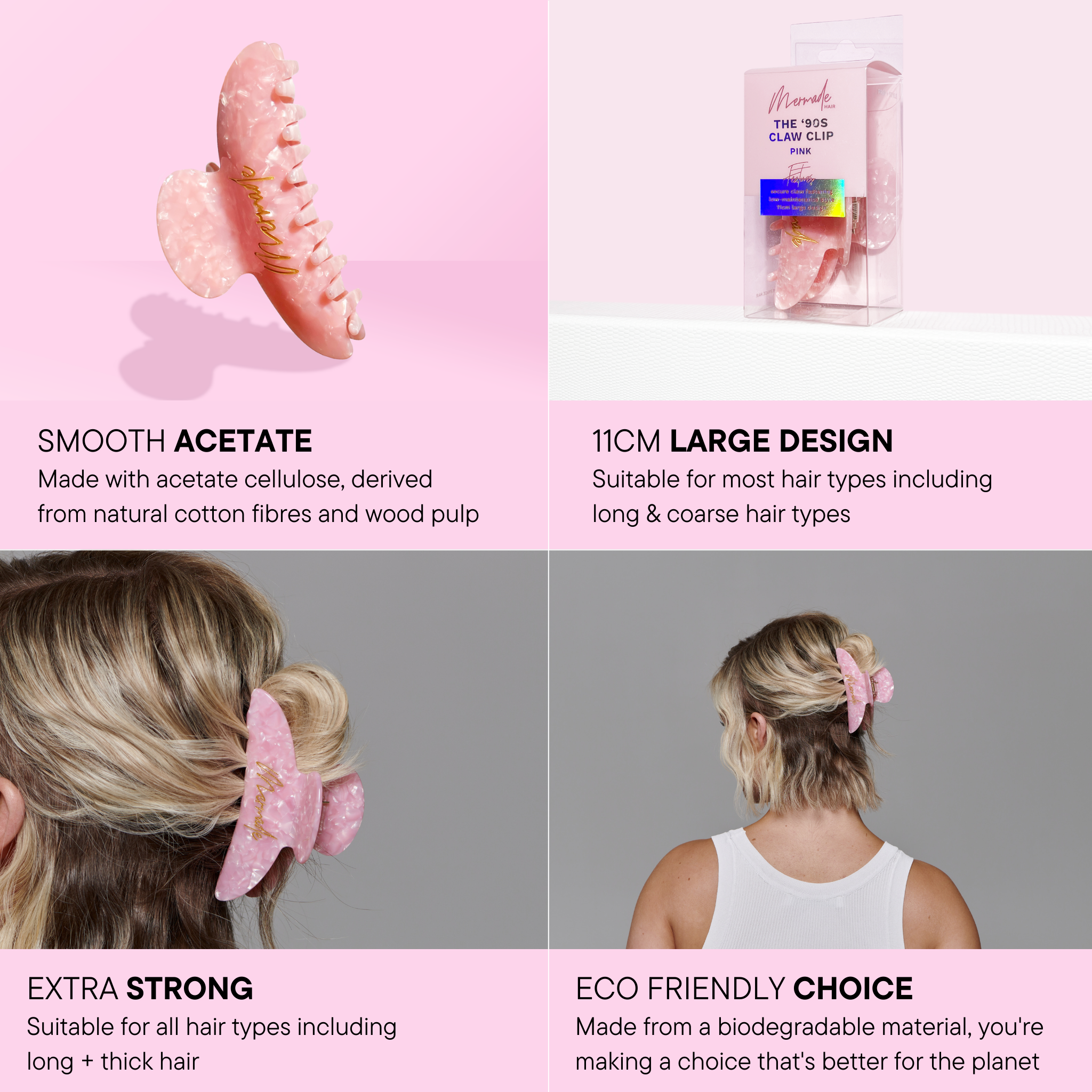 Features and benefits of the Mermade Hair Pink Claw Clip