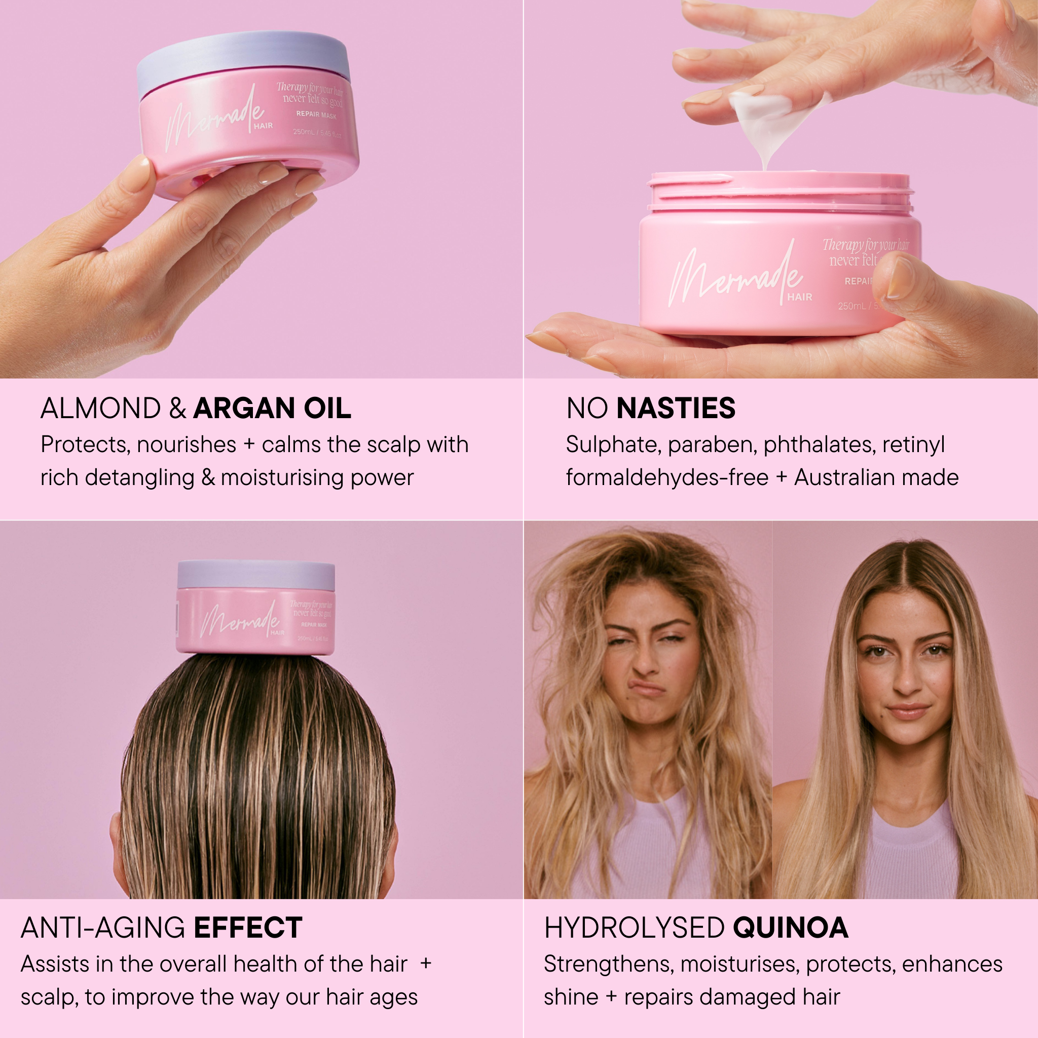 Features and benefits of the Mermade Hair Repair Mask 