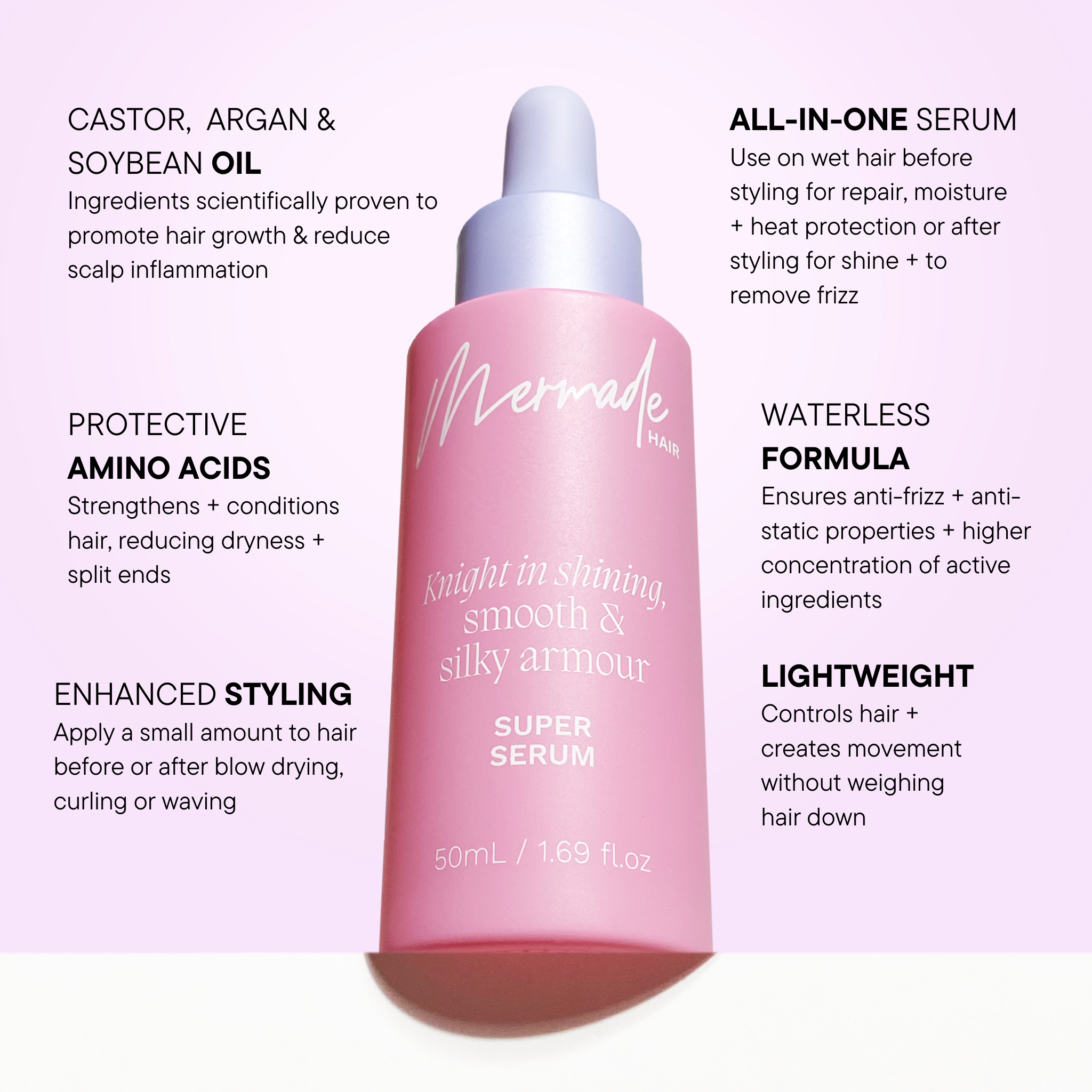 Features and benefits of the Mermade Hair Super Serum 50mL