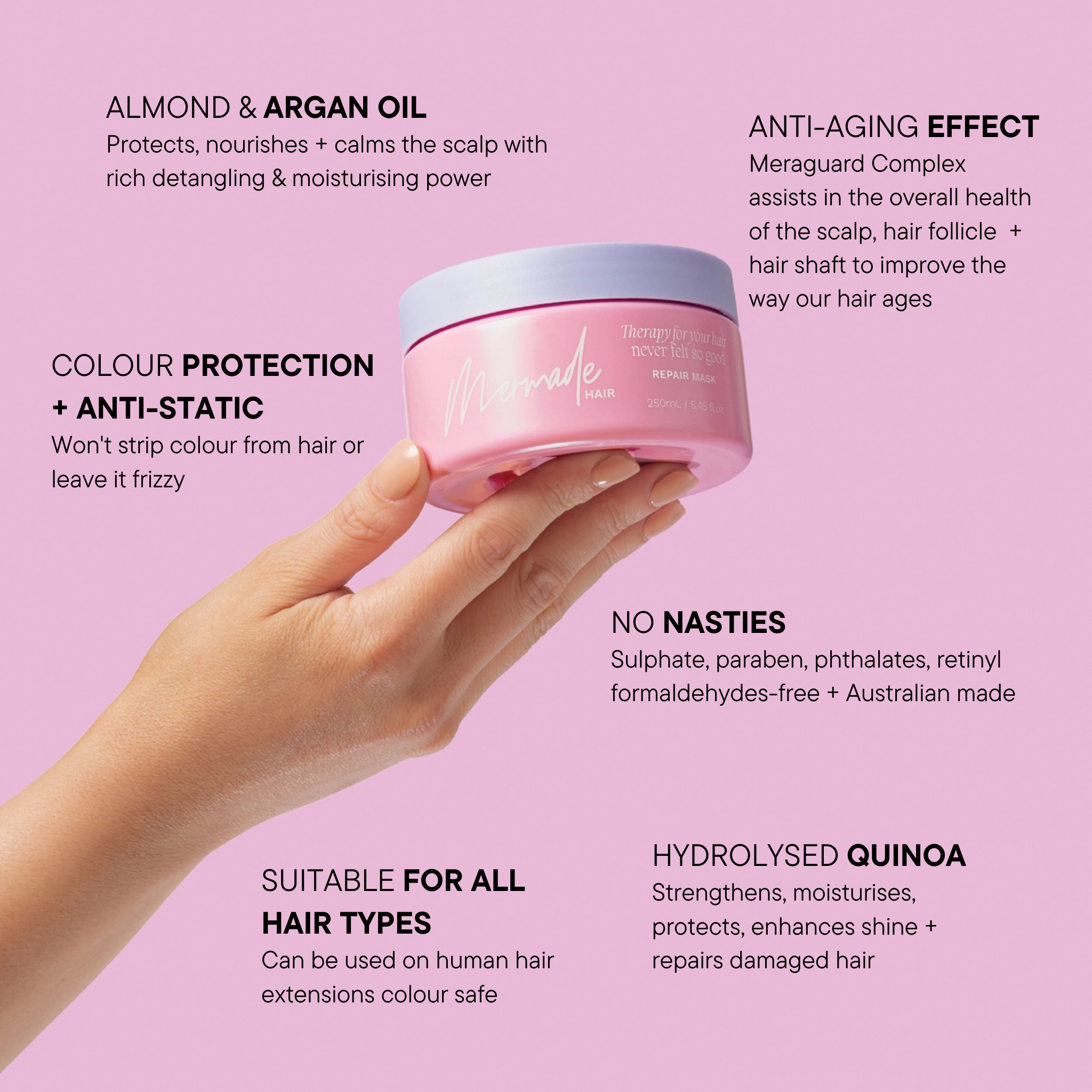 Features and benefits of the Mermade Hair Repair Mask 