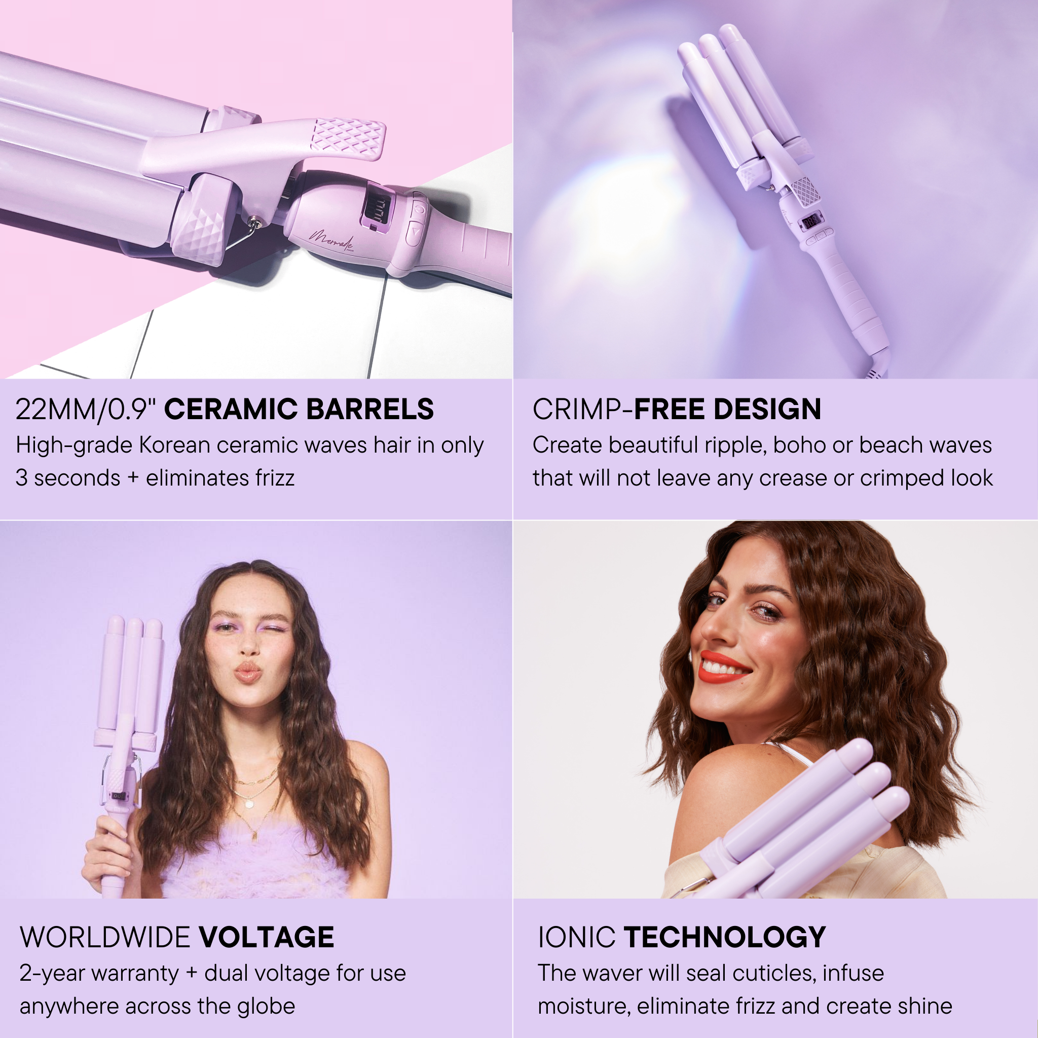 Features and benefits of the Mermade Hair 22mm Cutie Waver Lilac