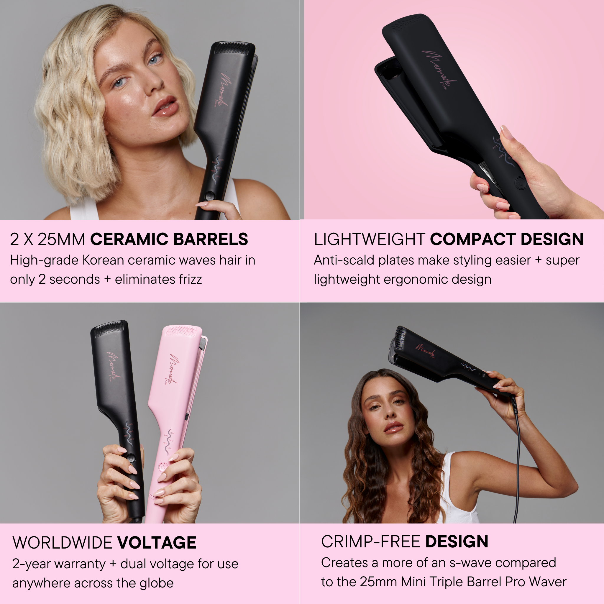 Features and benefits of the Mermade Hair Double Waver in Black 