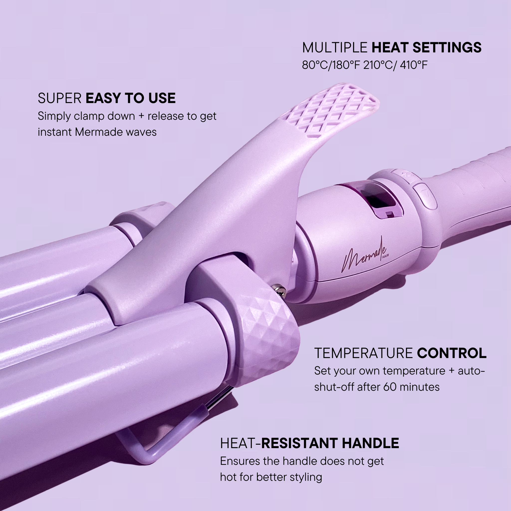 Features and benefits of the Mermade Hair 22mm Cutie Waver Lilac