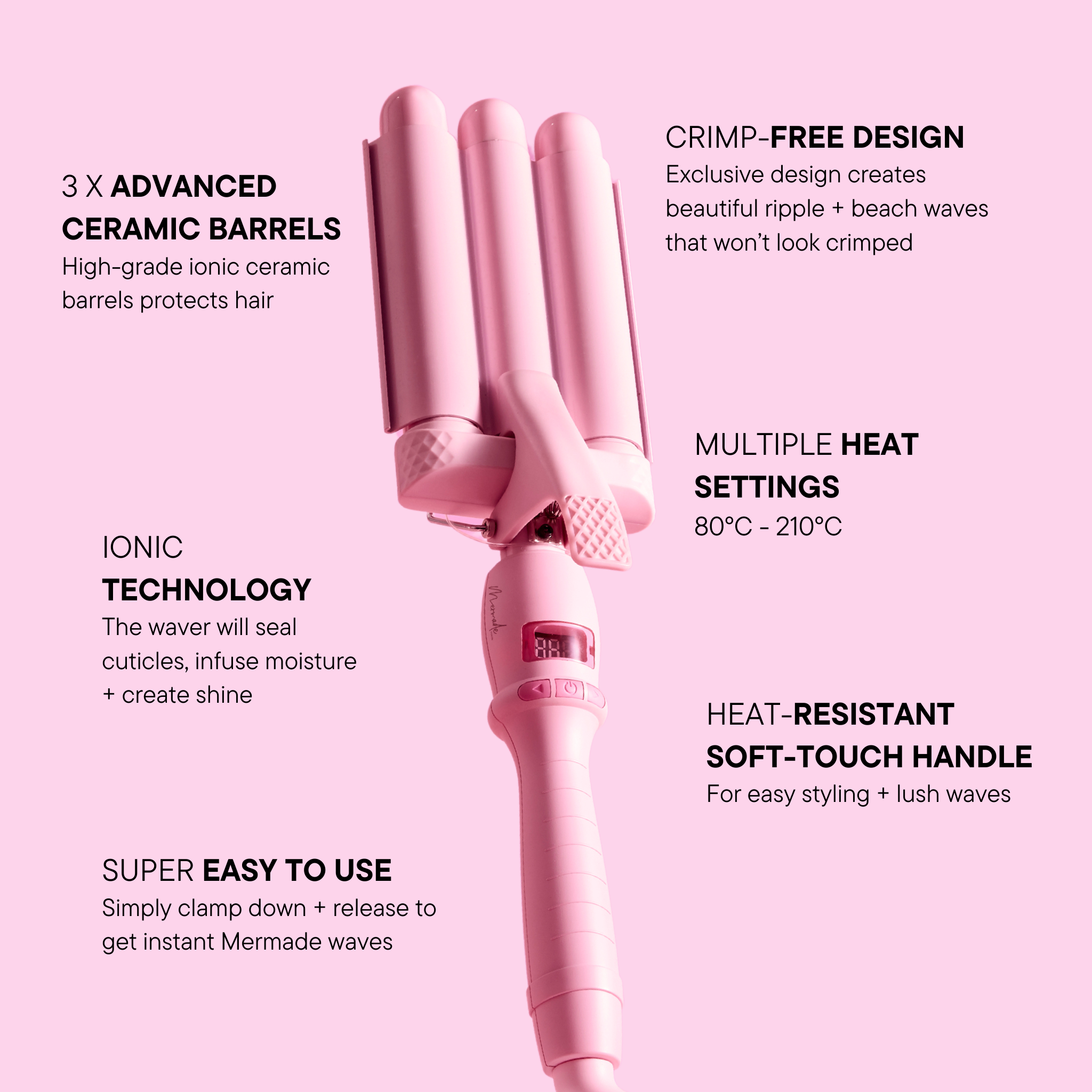 Features and benefits of the PRO Mini Hair Waver - 25mm Pink