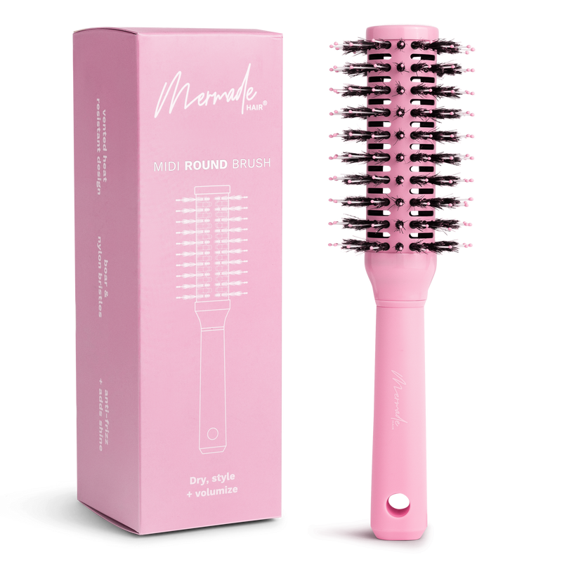 Mermade Hair Round Midi Brush in Pink - Flatlay with Box