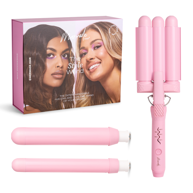 Mermade Hair Pink Style Wand flatlay with box